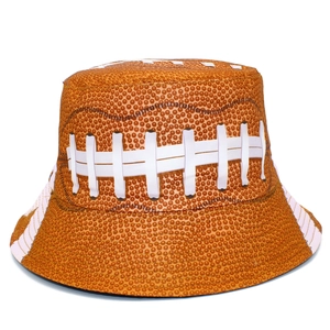 Unisex bucket hat featuring unique brown American football texture and white lacing print