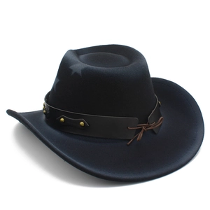 Detail of black western cowboy felt hat with gold rivets on a leather band and stars