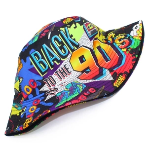 Retro 90s graffiti bucket hat featuring colorful patterns with a wide sun protection brim