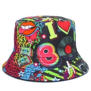 Reversible 80s Pop Art Graffiti Printed Bucket Hat Cotton Streetwear Hip Hop Sun Hat For Women Men Retro Theme Accessory
