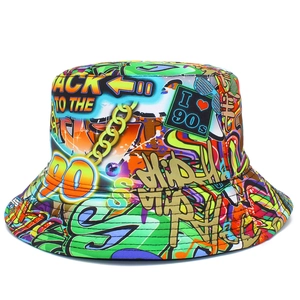 Retro 90s graffiti bucket hat with colorful street style prints for men and women