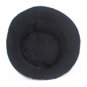 Detailed top view of 90s vintage bucket hat showing black fabric texture and brim stitching