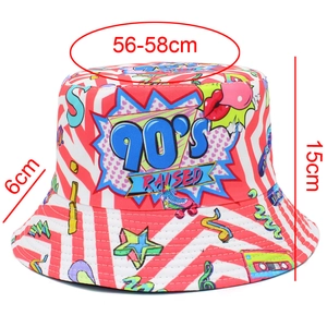 Detail of 90s retro reversible bucket hat showing pop art prints and size dimensions