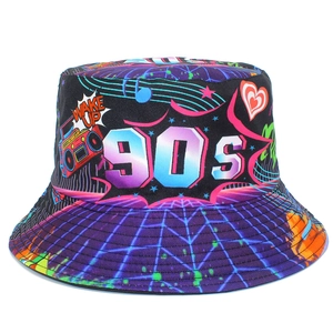 90s Retro Reversible Bucket Hat Neon Pattern Print Cotton Fisherman Hat Sun Cap Outdoor Fashion Accessory For Men Women