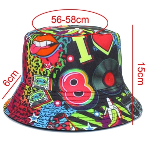 Graffiti print bucket hat dimensions showing 56-58cm head circumference and 15cm height
