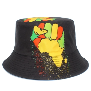 Unisex Cotton Bucket Hat With Africa Map And Fist Print Casual Streetwear Sun Protection Outdoor Foldable Fisherman Hat