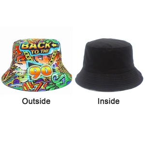 Reversible 90s bucket hat with graffiti pattern and solid black inside lining detail