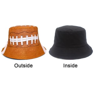 Reversible bucket hat detail showing brown rugby pattern outside and black fabric inside