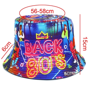 Detailed sizing chart for colorful 80s vintage bucket hat showing 56-58cm circumference