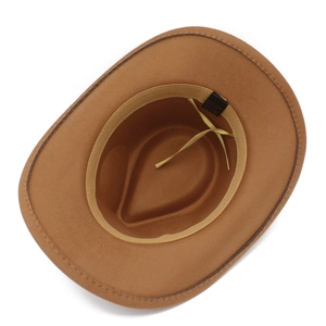 Detail view of brown felt fedora interior with adjustable strap and 58cm size label
