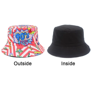 Detailed comparison showing reversible 90s retro printed and solid black bucket hat
