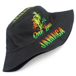 Bob noir en coton avec imprimé tropical palmier de la Jamaïque et lettrage One Love