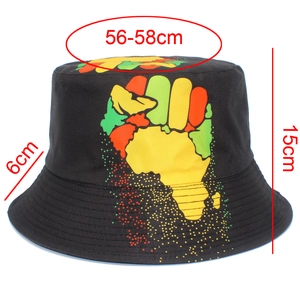 Detailed size measurement of a black bucket hat with African fist print, 56-58cm