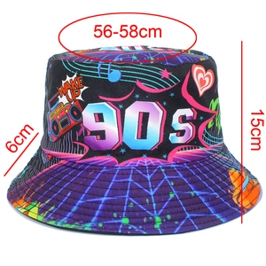 Detailed size chart of the purple retro 90s reversible bucket hat with neon graphics