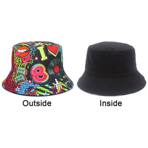 Detailed comparison of double-sided bucket hat with 80s retro print and solid black side
