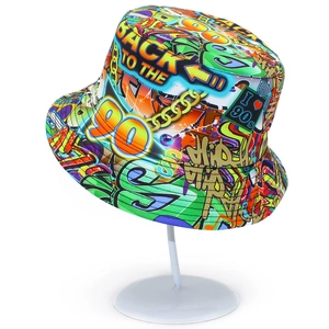 Retro 90s graffiti bucket hat with colorful hip-hop street style prints on white background