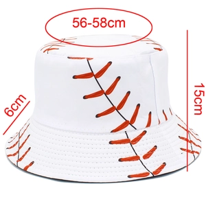 Detailed view of white baseball themed bucket hat with red stitching print and 56-58cm size info