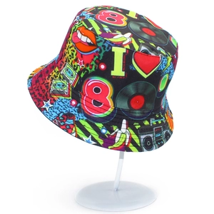 Graffiti print bucket hat with retro pop art graphics in a stylish streetwear design