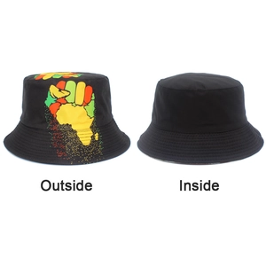 Detailed view showing the outside and inside of a black cotton bucket hat with graphic