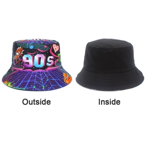 Detailed comparison of reversible bucket hat with 90s retro print and plain black side