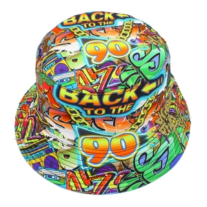 Retro 90s graffiti bucket hat with colorful neon prints and Back to the 90s text