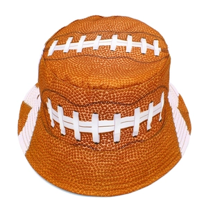 Deep orange American football patterned bucket hat with realistic seam print and texture