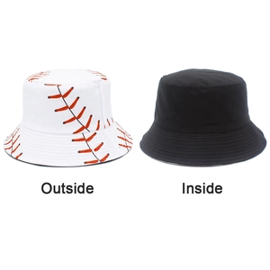 Detailed view of reversible bucket hat showing baseball print and black interior
