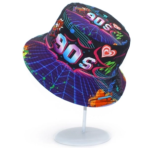 90s retro reversible bucket hat with neon boombox and digital graffiti patterns