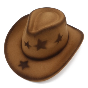 Detail of a brown western cowboy hat with spray-painted star patterns and curved brim