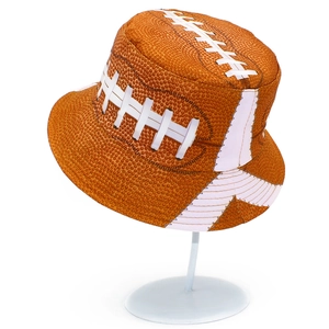 Unisex brown bucket hat with American football print and white stitching texture