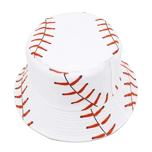 Classic white bucket hat with red baseball stitching pattern for outdoor sun protection
