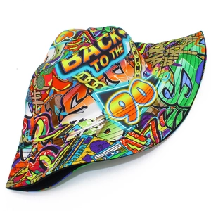 Retro 90s graffiti bucket hat featuring colorful disco patterns and vintage tape print