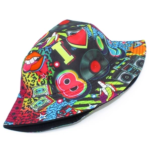 Reversible 80s pop art graffiti bucket hat with vintage lip and vinyl record patterns