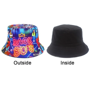 Dual-sided bucket hat with vibrant 80s retro graffiti print and solid black reversible side