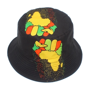Black bucket hat with colorful fist and Africa map print for sun protection outdoors