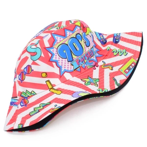 Pink 90s vintage style reversible bucket hat with colorful retro graffiti and stripes