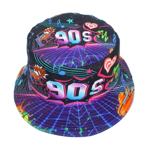 90s retro style reversible bucket hat with purple neon digital cartoon prints