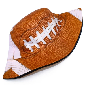 Detailed close-up of brown football textured bucket hat with white stitching and lacing