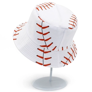 Classic white bucket hat with vintage baseball stitch print for outdoor casual sun protection