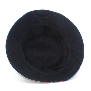 Retro graffiti bucket hat with black inner lining and colorful brim stitching detail