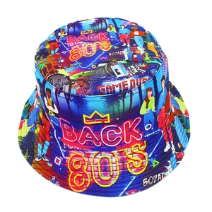 Retro 80s reversible bucket hat featuring vintage illustrations and Memphis patterns