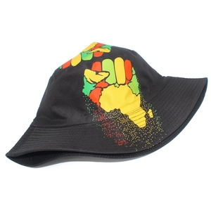 Unisex black bucket hat with Pan-African fist and bulb print for sun protection