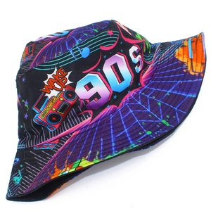 Retro 90s style purple and black bucket hat featuring neon radio and digital pattern