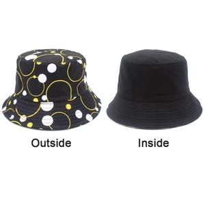 Reversible bucket hat detail showing patterned outside and solid black inside views