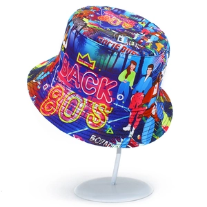 Colorful 80s retro reversible bucket hat featuring neon prints and pop art patterns