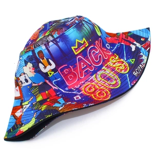 Retro 80s bucket hat with colorful cartoon prints and double-sided wear design