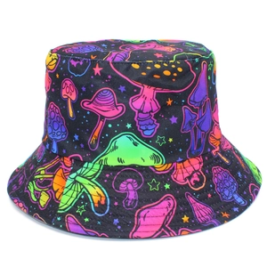 Wendbarer Fischerhut Mit Neon-Pilzdruck Baumwolle Doppelseitig Sonnenschutz Outdoor Streetwear Schlapphut Für Damen Herren