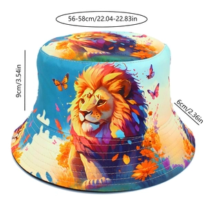 Detailed size chart of the lion print bucket hat showing brim width and head circumference