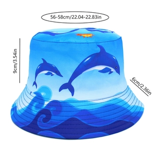 Size specifications for blue dolphin bucket hat showing circumference and brim width