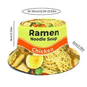 Detailed size chart for chicken ramen printed bucket hat showing 56-58cm circumference